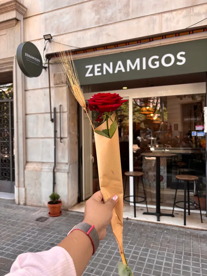 Una rosa de Sant Jordi davant del rètol de ZENAMIGOS