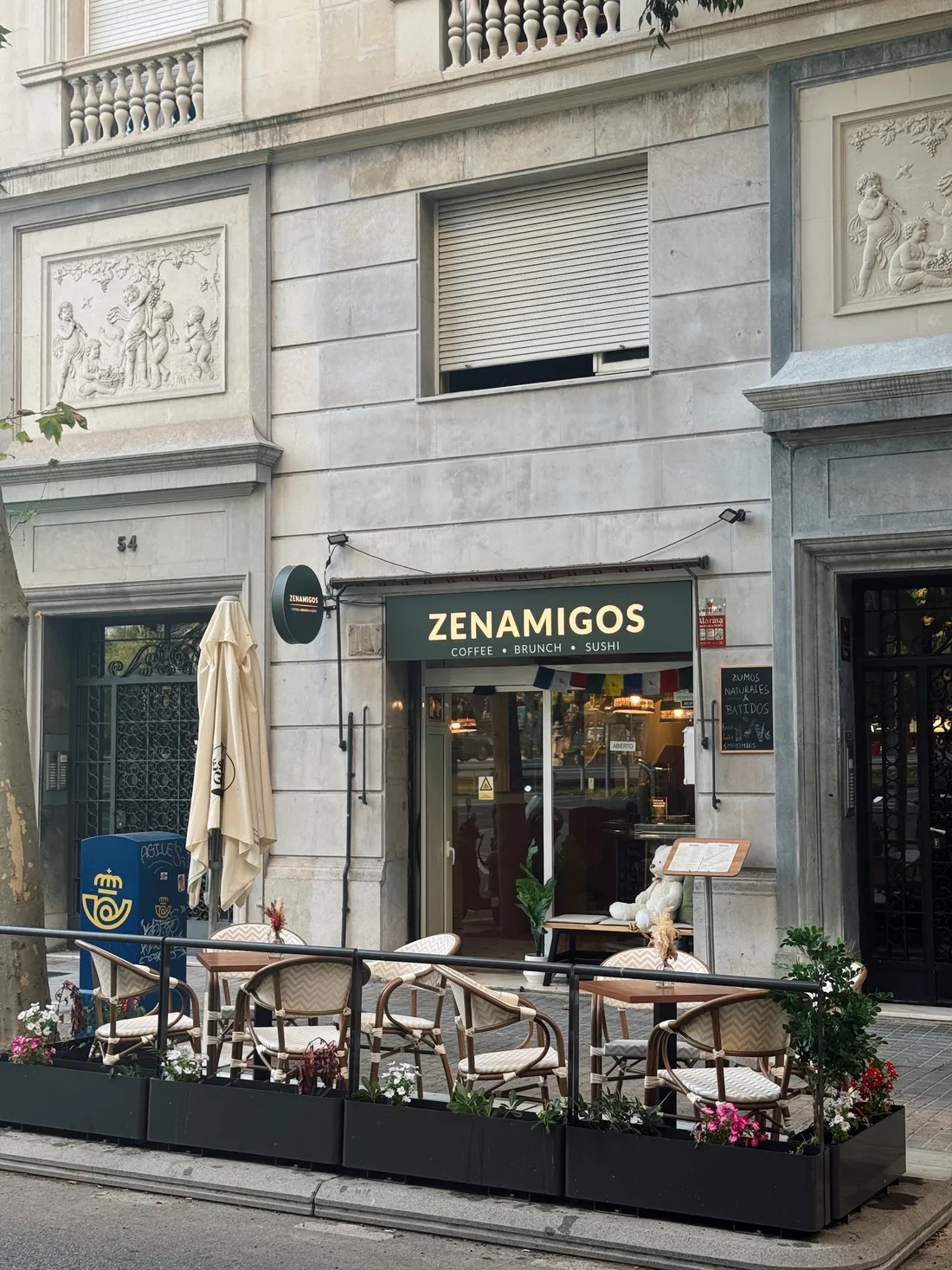 The terrace in front of the building on Carrer de Loreto